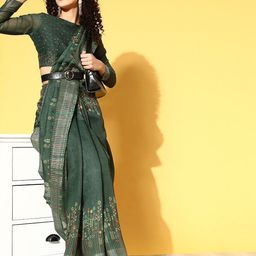 HERE&NOW Ethnic Motifs Printed Pure Linen Saree-16