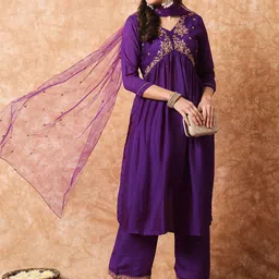 KOTRONS Women Embroidered Regular Thread Work Pure Silk Kurta with Palazzos & With Dupatta image 2