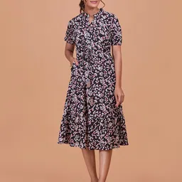 Fashfun Floral Printed Puff Sleeve Cotton Fit & Flare Midi Dress-27