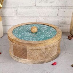 vareesha Hand-made Green Paisley Enameled Lid Mango Wood Chapati Box-picture-24