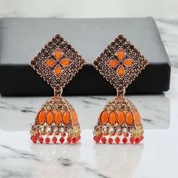 De-Ultimate Gold-Plated Artificial Stones Studded & Beads Beaded Dome Shaped Jhumkas-15