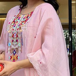Anouk Geometric Yoke Design Mirror Work Chanderi Silk A-Line Kurta With Trouser & Dupatta image 2