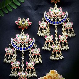 Anouk Pink Blue Gold-Plated Kundan Contemporary Drop Earrings-7