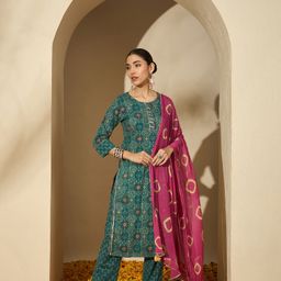 BANDIA Women Floral Printed Regular Mirror Work Pure Cotton Kurta with Trousers & With Dupatta-image-96