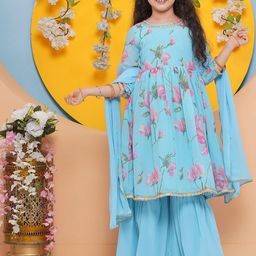 Bitiya by Bhama Girls Floral Printed Regular Gotta Patti Kurta with Sharara & With Dupatta-image-68
