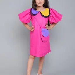 Pink Chick Colourblocked Puff Sleeve A-Line Dress-picture-45
