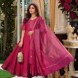 Aaghnya Women Ethnic Motifs Printed Anarkali Kurta with Trousers & Dupatta-picture-15