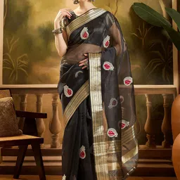 Sangria Paisley Embroidered Woven Design Organza Saree-image-8