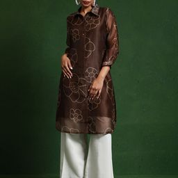 Varanga Floral Printed Chanderi Silk Shirt Collar Straight Kurta-image-91