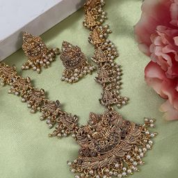 Digital Dress Room Gold-Plated Stone Studded Laxmi Temple Pearl Jewellery Set-image-55