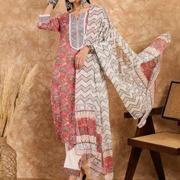 DIVASTRI Women Floral Printed Regular Sequinned Pure Cotton Kurta with Trousers & With Dupatta-picture-13