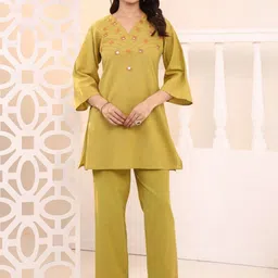 MISRI Embroidered V-Neck Pure Cotton Top With Trousers-picture-28