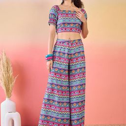 Sangria Floral Printed Crop Top With Flared Palazzo Co-Ords-2