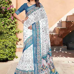 ZILVIRA Ethnic Motifs Printed Zari Pure Linen Saree-2