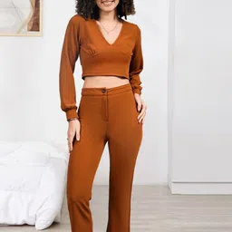 DressBerry Self Design V-Neck Top With Trousers Co-Ords-image-93