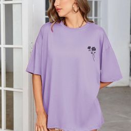 Women Printed Round Neck Pure Cotton Purple T-Shirt-image-30