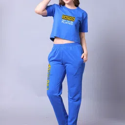 Lazy Lush Typographic Printed Round Neck Crop Top With Trousers Co-Ods-13