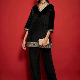 Shae by SASSAFRAS Women Ethnic Motifs Yoke Design Regular Velvet Kurti with Palazzos-52