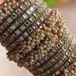 jtraditional Set Of 12 Gold-Plated Pearl-Beaded Chuda Bangles-image-98