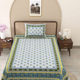 Myntra Elegant Homes White & Blue Floral 210 TC Single Bedsheet with 1 Pillow Covers-picture-12