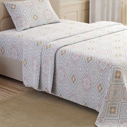 Layers Blue & White Ethnic Motifs Pure Cotton 200 TC Single Bedsheet with 1 Pillow Covers-image-97