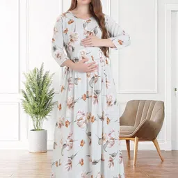 QUIRA Women Floral Print Round Neck Maternity Maxi Dress-picture-8