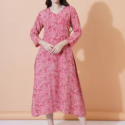 FebQ Floral Printed V-Neck Cotton A-Line Kurta-picture-25