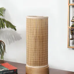 Aura Beige & Off White Textured Wooden Cylinder Shaped Table Lamp-image-35