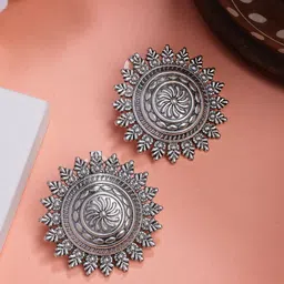 NVR Women Silver Plated Oxidized Circular Shape Stud Earrings-35