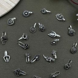 NAMAN ARTS Set Of 21 Silver-Plated Oxidised Stud Nosepins-46