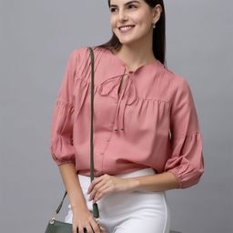 PURYS Tie-Up Neck Puff Sleeve Linen Top-image-64