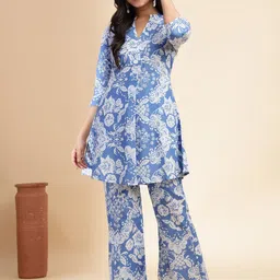 Vbuyz Floral Printed Mandarin Collar Neck Pure Cotton Tunic With Palazzos-picture-45