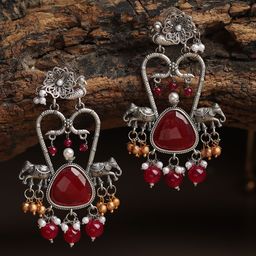 RHOSYN German Silver-Plated Artificial Stones Studded & Beaded Contemporary Drop Earrings-11