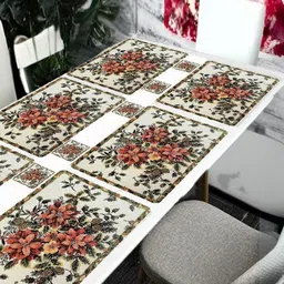 REVEXO 6 Pcs White & Red Printed Table Placemats & Coasters-10