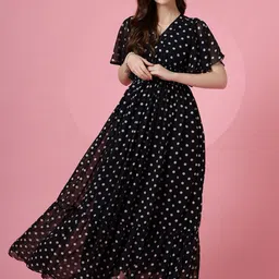 De La Moda Polka Dot Print Flared Sleeve Georgette Fit & Flare Maxi Dress-picture-50