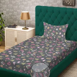 KLOTTHE Grey & Pink Floral 300 TC Single Bedsheet with 1 Pillow Covers-image-59