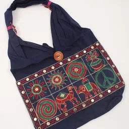 Exotic India Animal Embroidered Zari and Mirror Work Shopper Pure Cotton Shoulder Bag-5