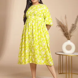 Janasya Plus Size Floral Printed Pure Cotton Gathered Ethnic Dress-picture-51