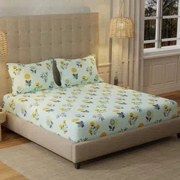 URBAN SPACE Blue & Green Floral 200 TC Cotton King Bedsheet Set 1.90m x 1.98m-picture-10