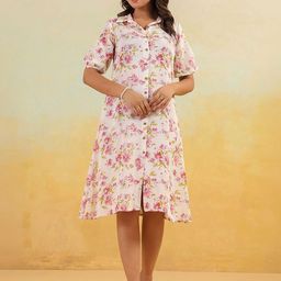 Janasya Women's Off White Linen Cotton Floral Printed Button Down Shirt Dress-image-27