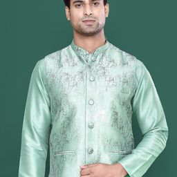 MAAHI FABS Mandarin Collar Straight Kurta With Pyjamas & Nehru Jacket-image-37