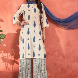 Shae by SASSAFRAS Floral Printed Straight Pure Cotton Kurta With Palazzos & Dupatta-30