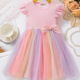 INCLUD Girls Pink Flutter Sleeves Rainbow Tulle Overlay Dress-image-71