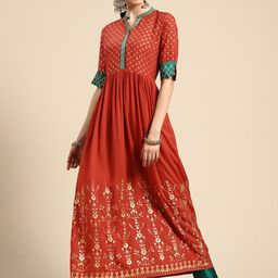 Suha Geometric Yoke Design Mandarin Collar Chanderi Cotton Anarkali Kurta With Trousers-picture-22