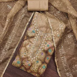 SHADOW & SAINING Floral Printed Beads And Stones Organza Semi-Stitched Dress Material-image-47