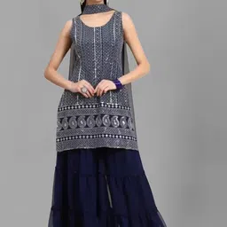 PARROT CREATION Geometric Embroidered Georgette Straight Kurti With Sharara & Dupatta-image-81