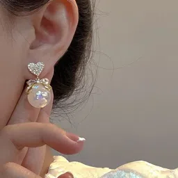 PolluxCraft Gold-Plated Stone Studded & Pearls Beaded Heart Shaped Drop Earrings-image-2