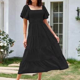 Outzidr Puff Sleeve A-Line Midi Dress-image-58