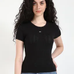 Tommy Hilfiger Women Self Design Round Neck Cotton Slim Fit T-shirt-picture-29