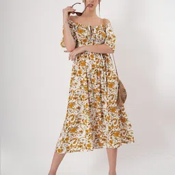 clobug Floral Print Off-Shoulder Crepe A-Line Midi Dress-image-43